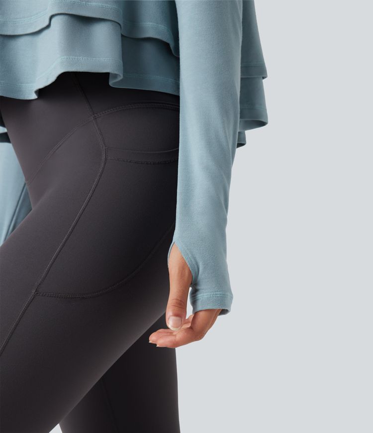 Hooded Long Sleeve Thumb Holes Ruffle Hem Cropped Workout Sports Top