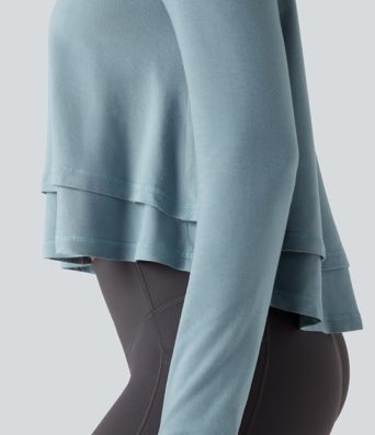 Hooded Long Sleeve Thumb Holes Ruffle Hem Cropped Workout Sports Top