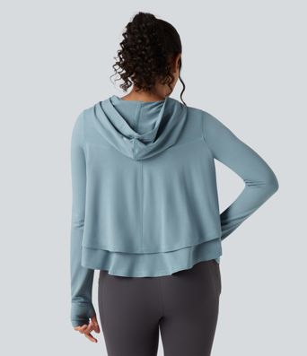 Hooded Long Sleeve Thumb Holes Ruffle Hem Cropped Workout Sports Top