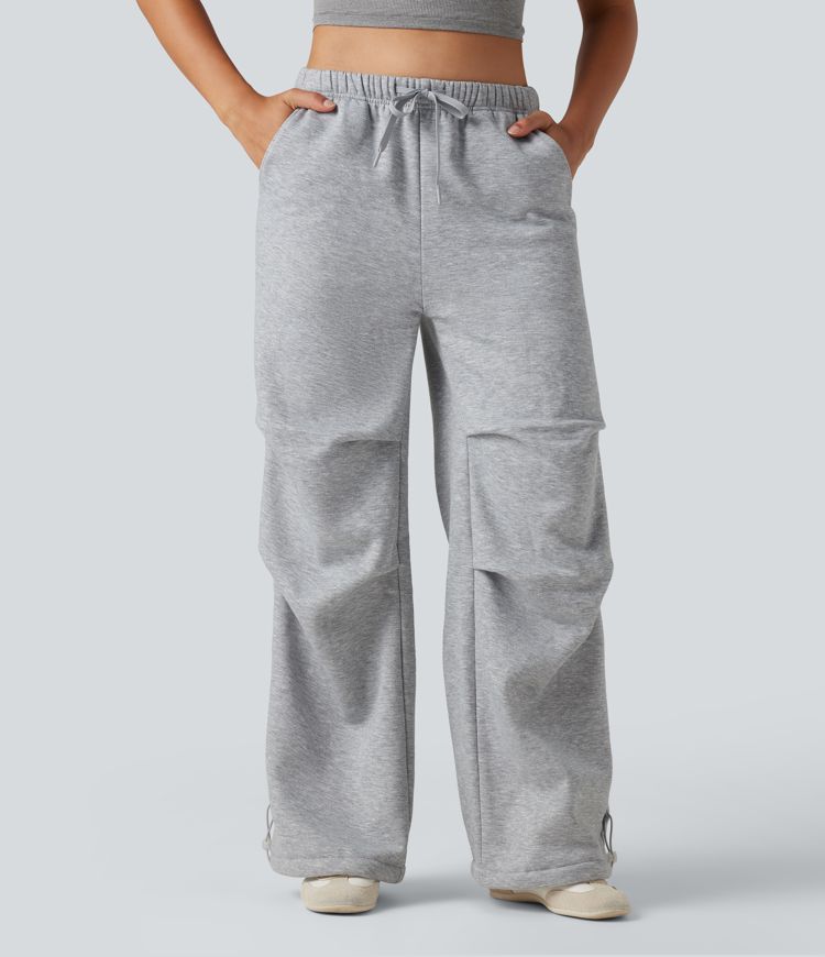 High Waisted Drawstring Ruched Fleece Casual Baggy Pants with Pockets