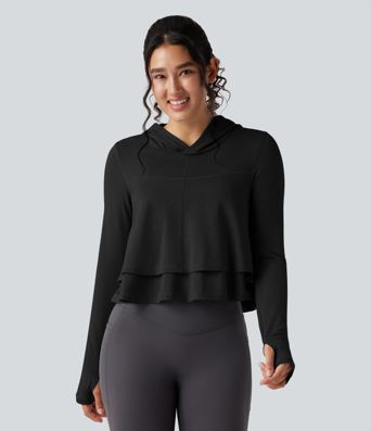 Hooded Long Sleeve Thumb Holes Ruffle Hem Cropped Workout Sports Top