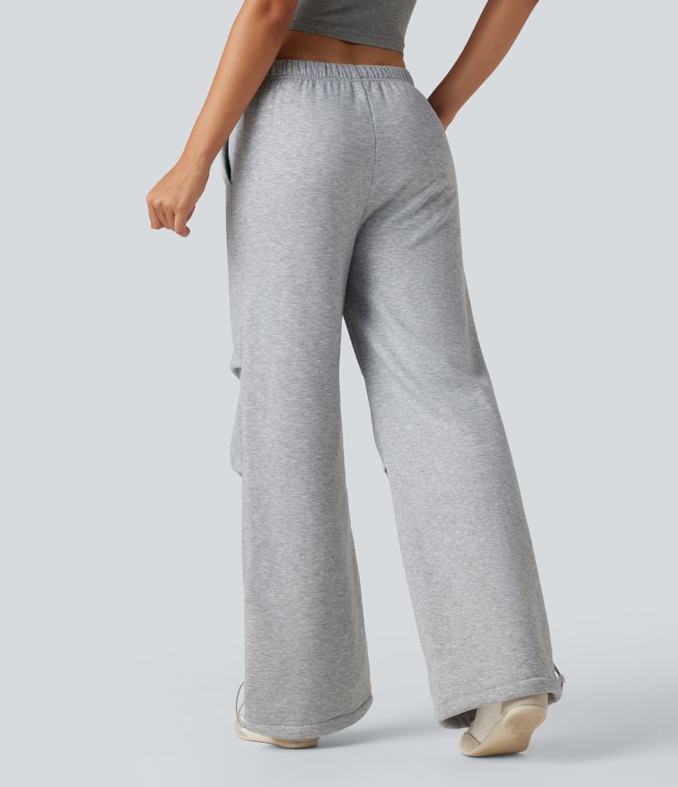 High Waisted Drawstring Ruched Fleece Casual Baggy Pants with Pockets
