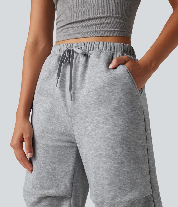 High Waisted Drawstring Ruched Fleece Casual Baggy Pants with Pockets