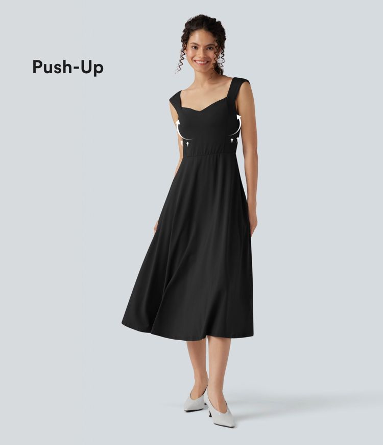 Push-Up Sweetheart Neck Sleeveless Flare Midi Bridesmaid And Wedding Guest Dress with Pockets