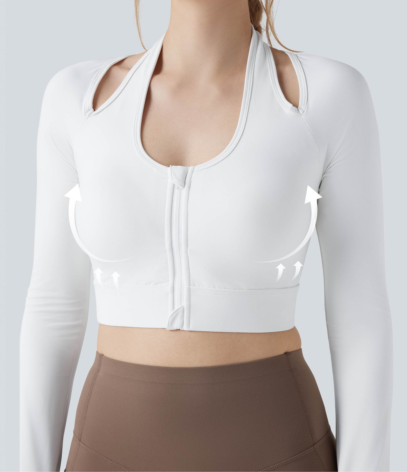 Halara UltraSculpt™ Push-Up Molded Cups Halter Long Sleeve Thumb Holes Zipper Cropped Workout Sports Top