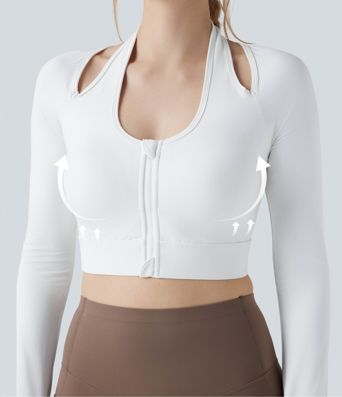 Halara UltraSculpt™ Push-Up Molded Cups Halter Long Sleeve Thumb Holes Zipper Cropped Workout Sports Top