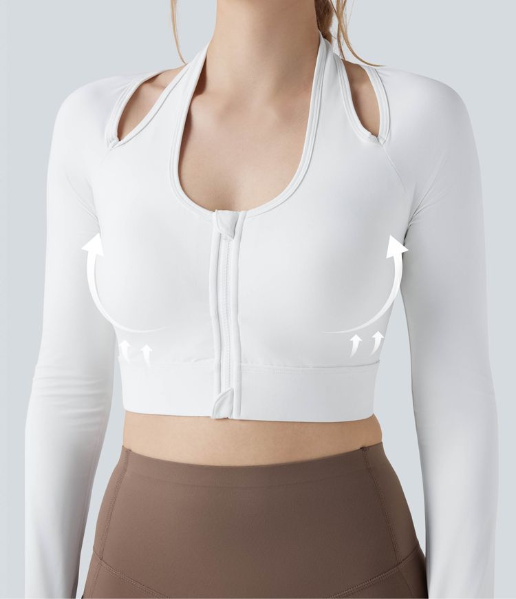 Halara UltraSculpt™ Push-Up Molded Cups Halter Long Sleeve Thumb Holes Zipper Cropped Workout Sports Top