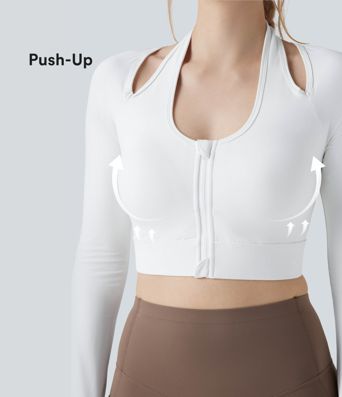 Halara UltraSculpt™ Push-Up Molded Cups Halter Long Sleeve Thumb Holes Zipper Cropped Workout Sports Top