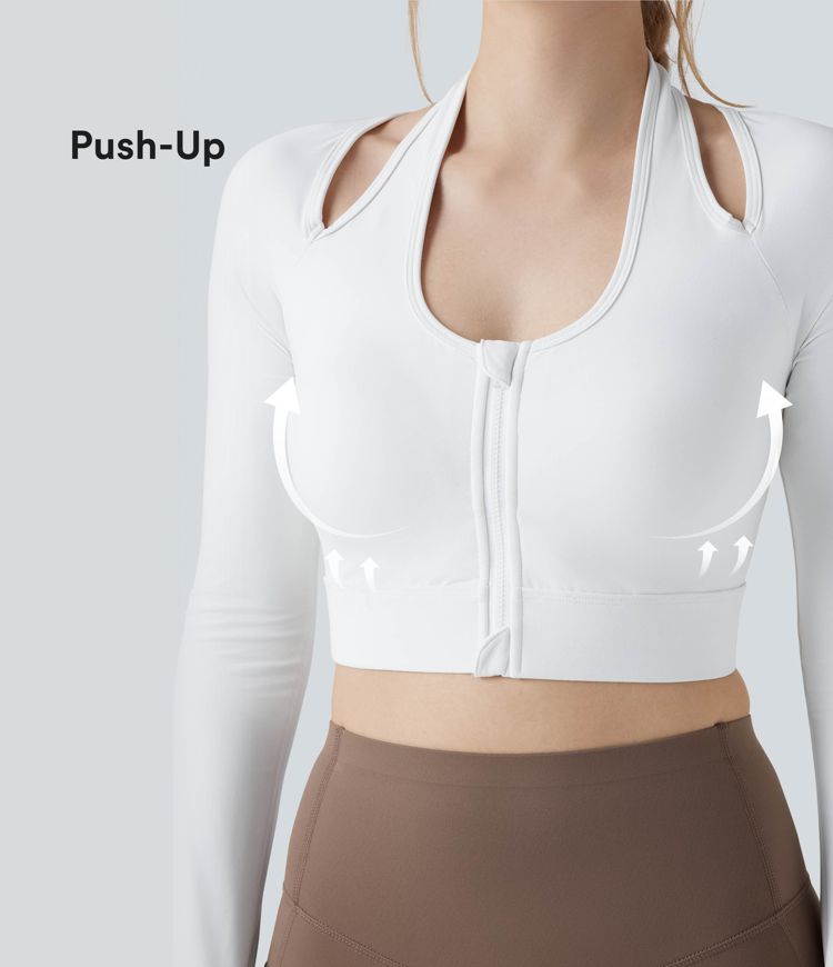 Halara UltraSculpt™ Push-Up Molded Cups Halter Long Sleeve Thumb Holes Zipper Cropped Workout Sports Top