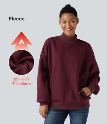 Mock-neck Fleece Relaxed Casual Cotton Sweatshirt with Pockets