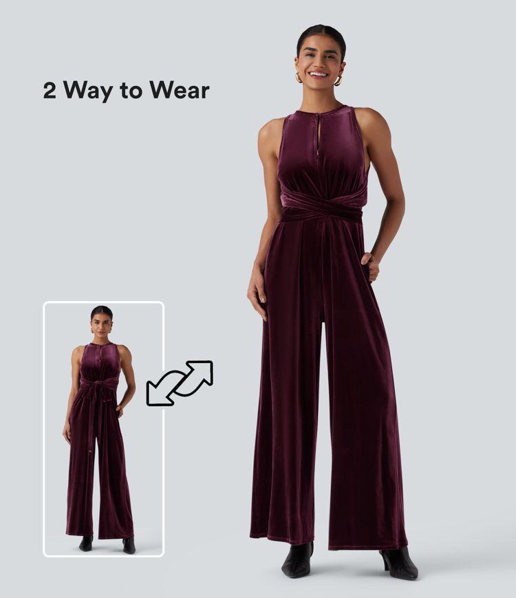 Round Neck Sleeveless Tie Back Velvet Party Jumpsuit with Pockets