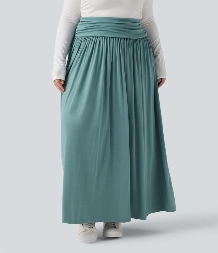 High Waisted Ruched Flowy Maxi Casual Plus Size Skirt