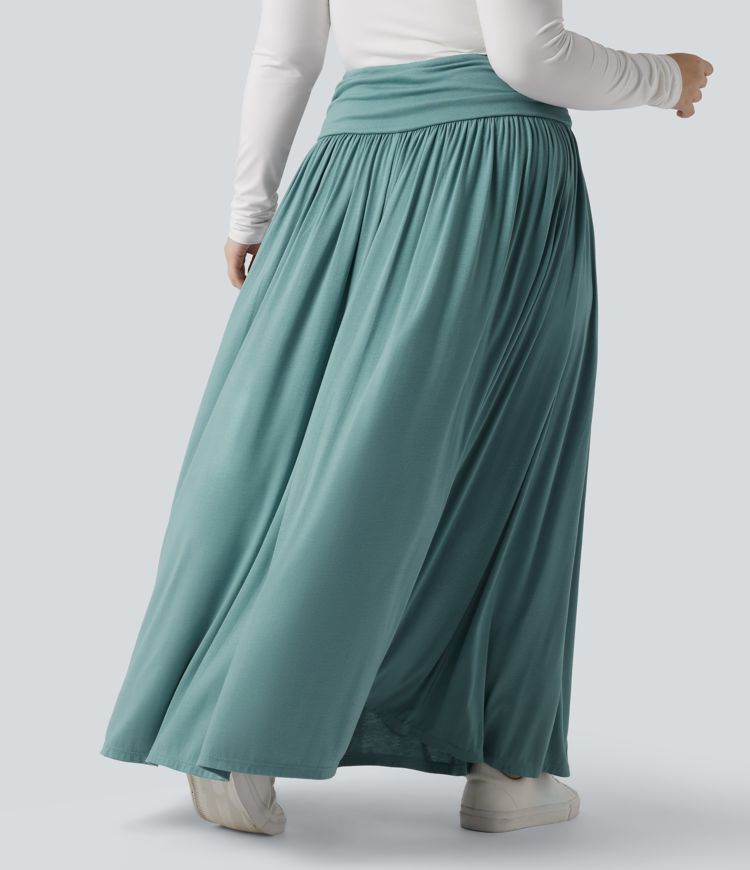 High Waisted Ruched Flowy Maxi Casual Plus Size Skirt