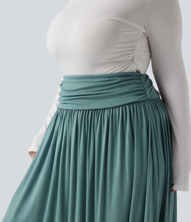 High Waisted Ruched Flowy Maxi Casual Plus Size Skirt