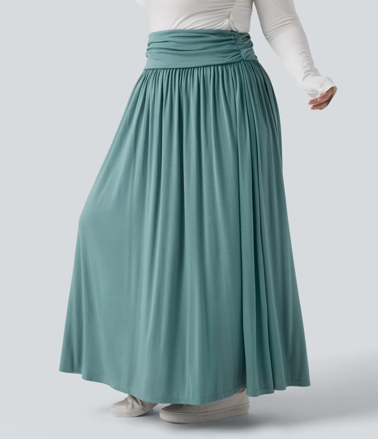 High Waisted Ruched Flowy Maxi Casual Plus Size Skirt