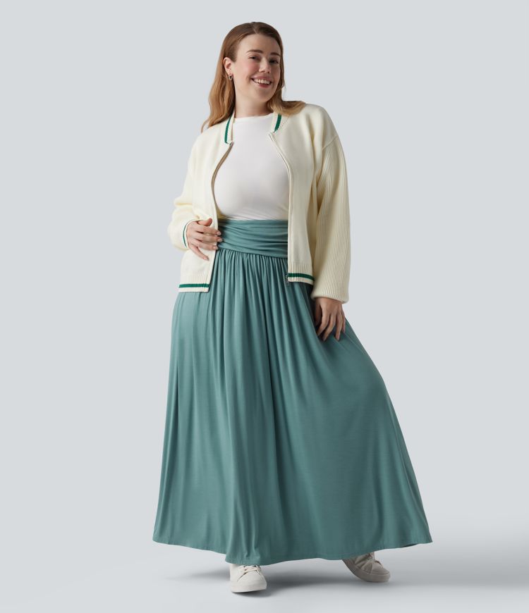High Waisted Ruched Flowy Maxi Casual Plus Size Skirt