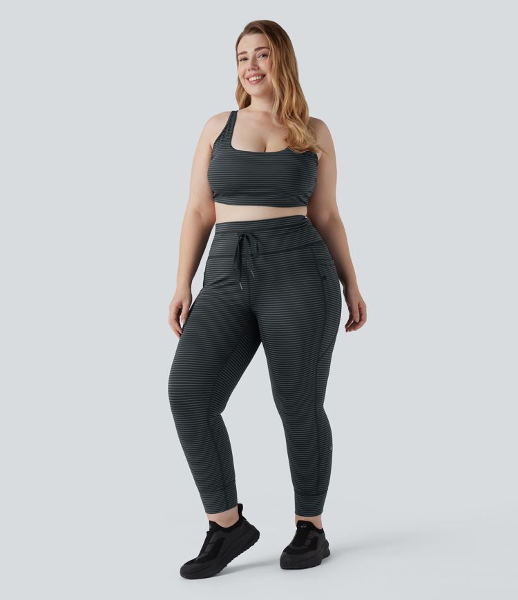 High Waisted Drawstring Striped Yoga Plus Size Leggings with Pockets