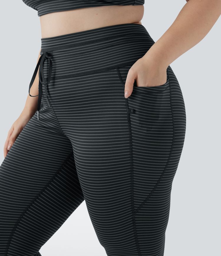 High Waisted Drawstring Striped Yoga Plus Size Leggings with Pockets