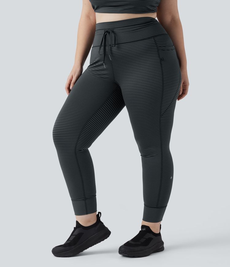 High Waisted Drawstring Striped Yoga Plus Size Leggings with Pockets