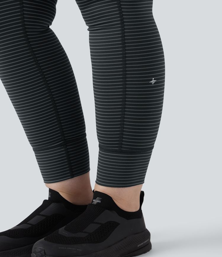 High Waisted Drawstring Striped Yoga Plus Size Leggings with Pockets