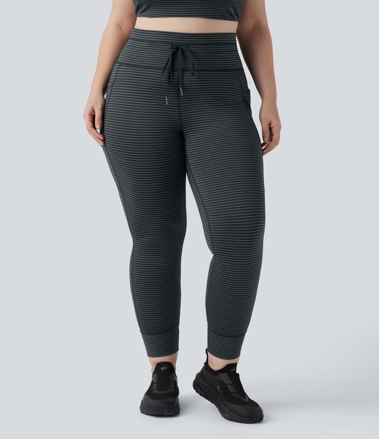 High Waisted Drawstring Striped Yoga Plus Size Leggings with Pockets