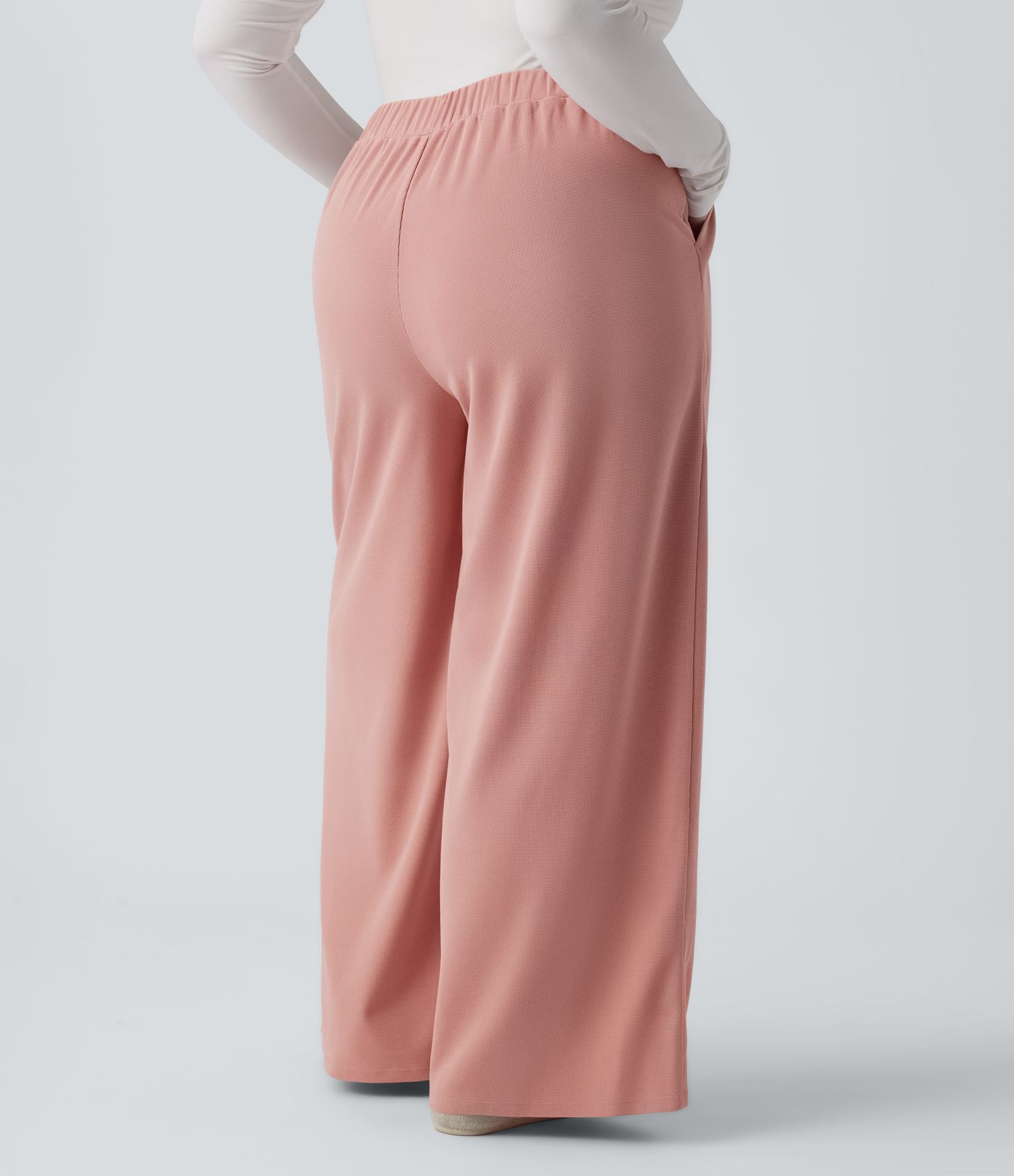 High Waisted Wide Leg Waffle Casual Plus Size Pants with Pockets