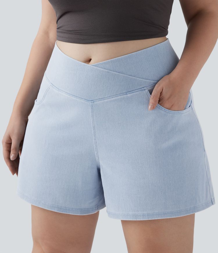Short en denim délavé large trapèze grande taille croisé taille haute Halara Flex™ avec poches