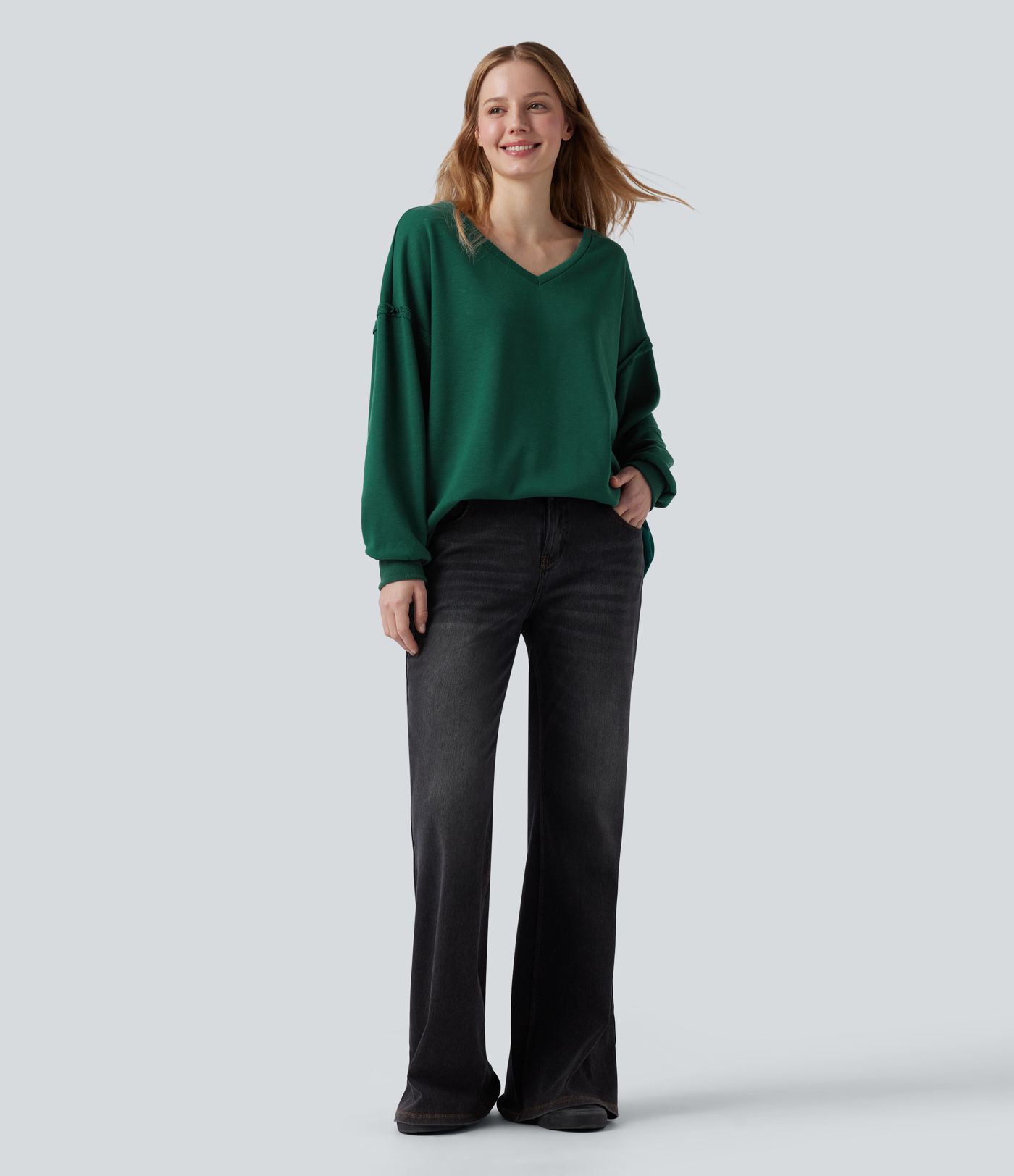 V-neck Dropped Shoulder Long Sleeve Oversized Casual Sweatshirt