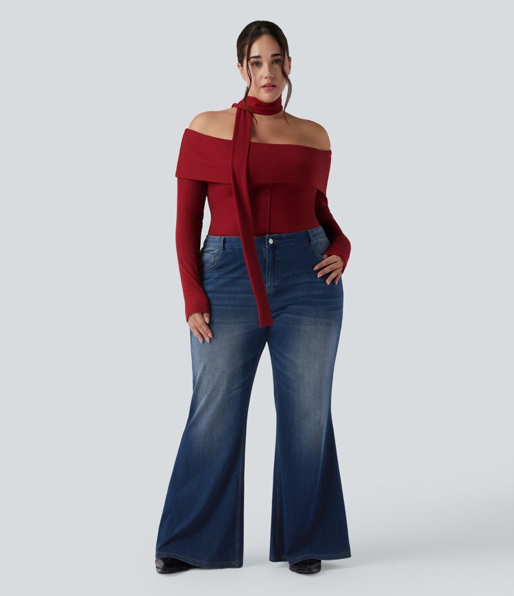 Halara Flex™ Low Rise Flare Washed Casual Plus Size Jeans with Pockets