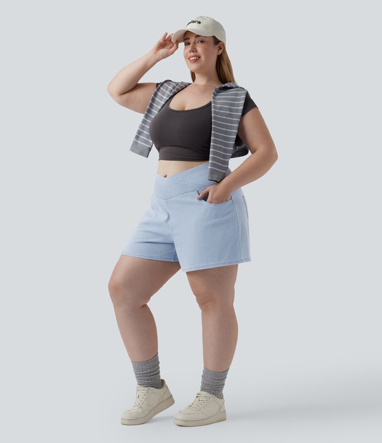 Short en denim délavé large trapèze grande taille croisé taille haute Halara Flex™ avec poches