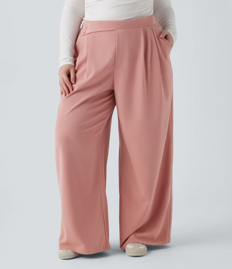 Pantalon large grande taille en maille gaufrée taille haute avec poches