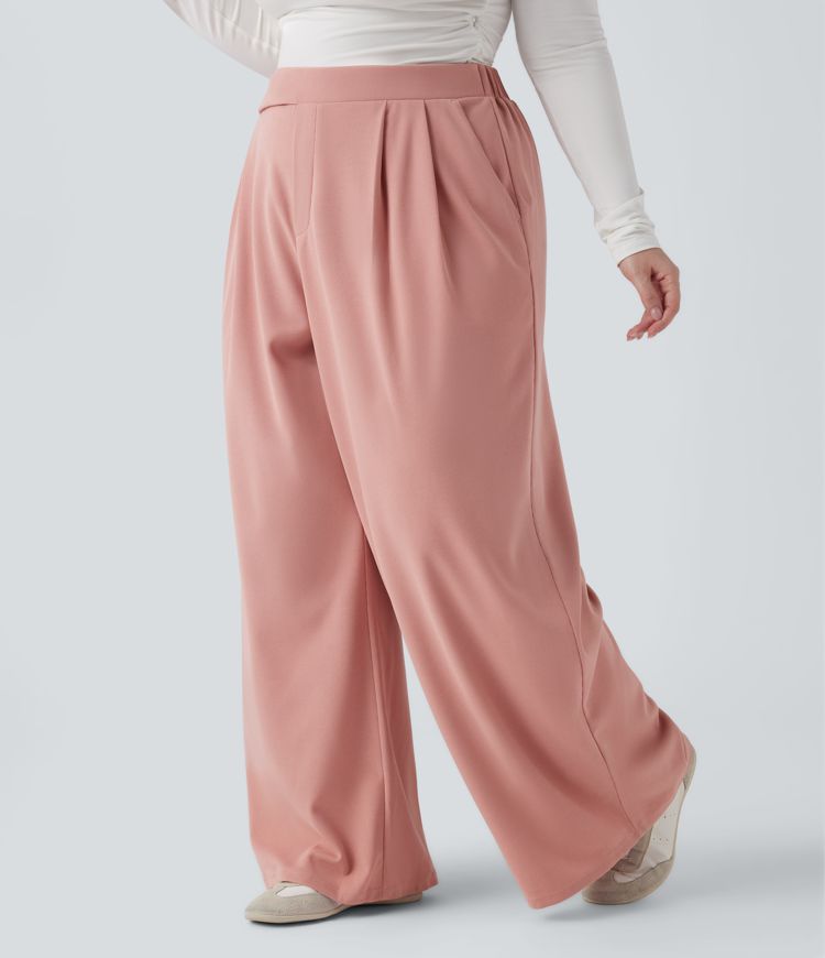 Pantalon large grande taille en maille gaufrée taille haute avec poches