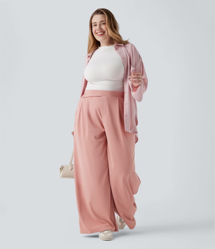 Pantalon large grande taille en maille gaufrée taille haute avec poches