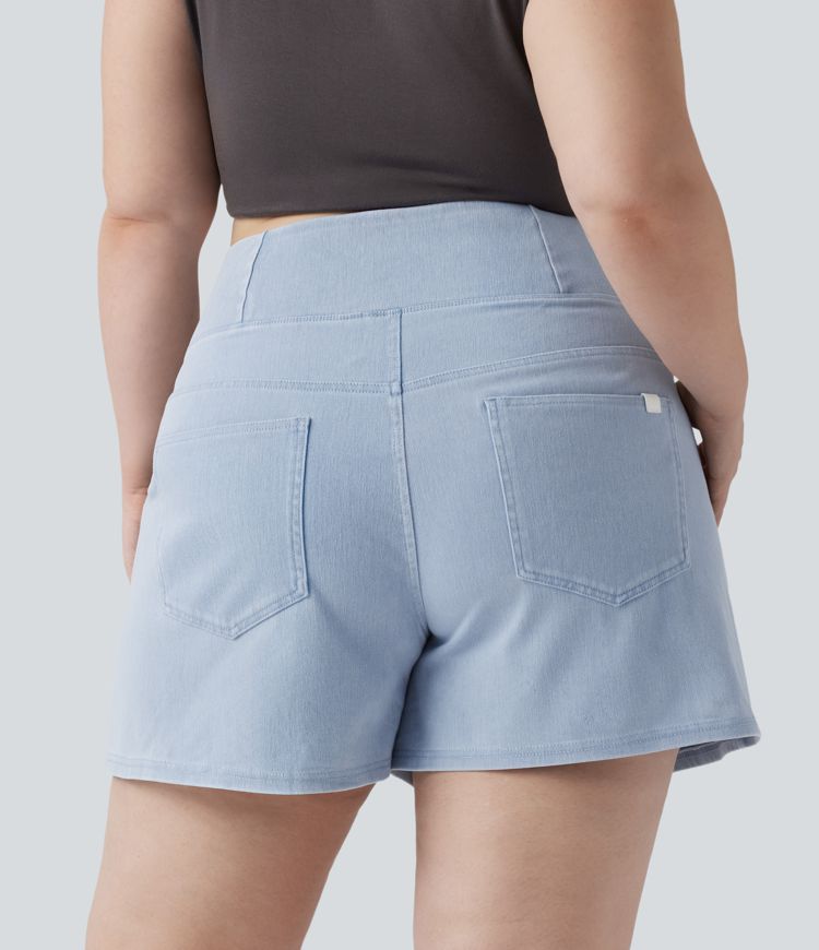 Short en denim délavé large trapèze grande taille croisé taille haute Halara Flex™ avec poches