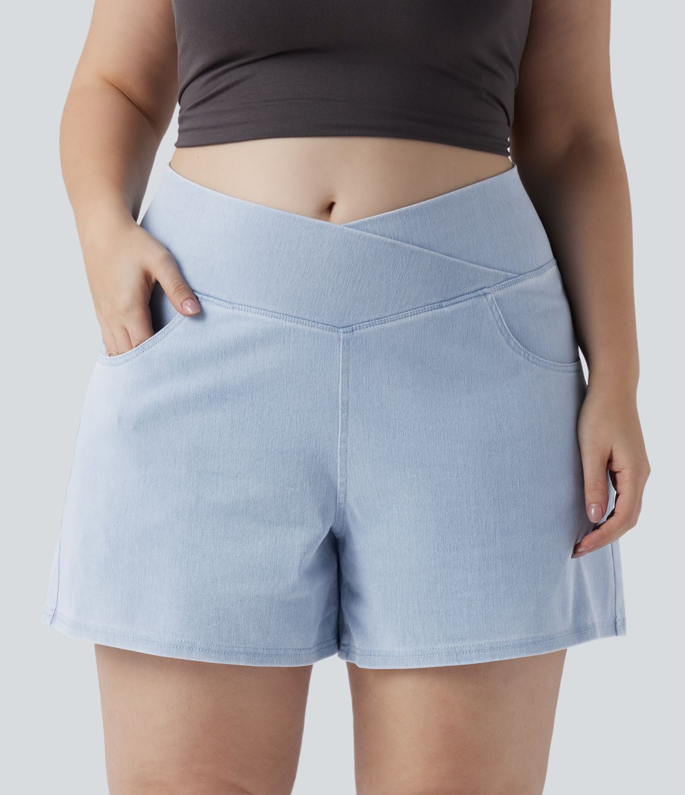 Halara Flex™ Crossover High Waisted Pockets Wide Leg A Line Washed Denim Casual Plus Size Shorts