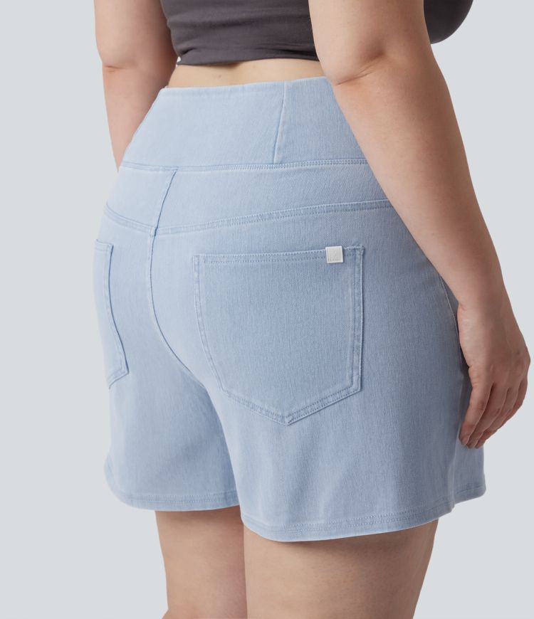 Short en denim délavé large trapèze grande taille croisé taille haute Halara Flex™ avec poches