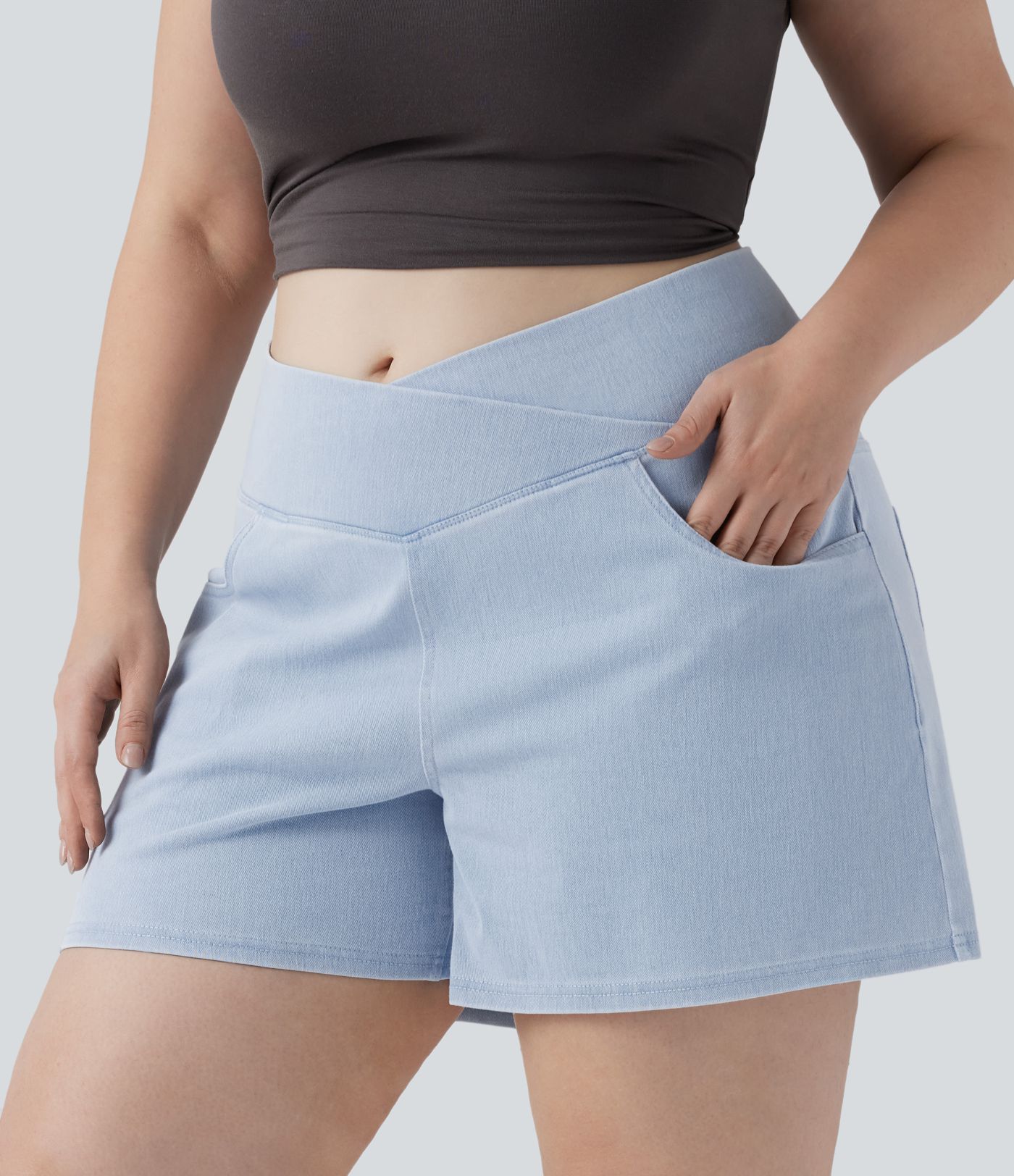 Halara Flex™ Crossover High Waisted Pockets Wide Leg A Line Washed Denim Casual Plus Size Shorts