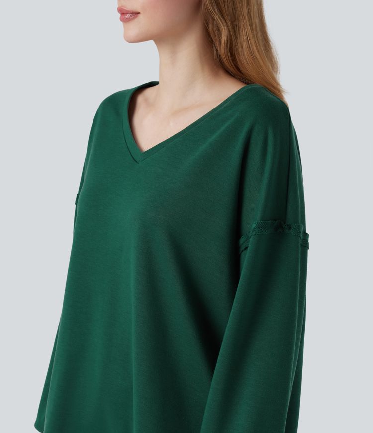 V-neck Dropped Shoulder Long Sleeve Oversized Casual Sweatshirt