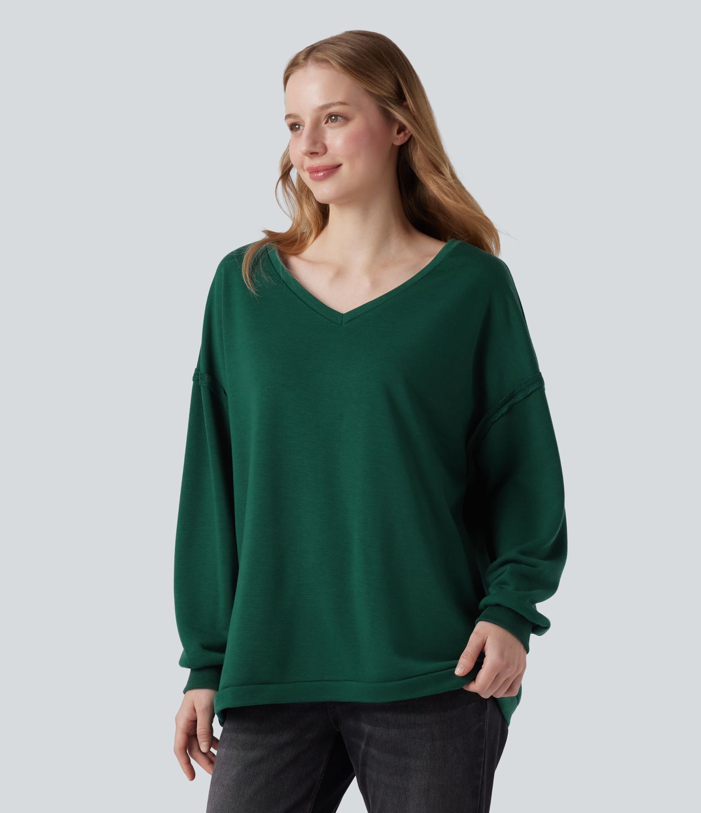 V-neck Dropped Shoulder Long Sleeve Oversized Casual Sweatshirt