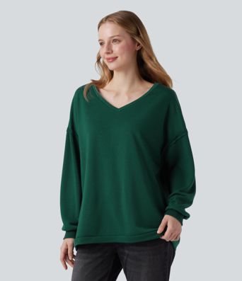 V-neck Dropped Shoulder Long Sleeve Oversized Casual Sweatshirt