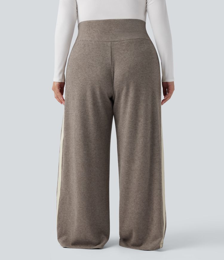 Ribbed High Waisted Tummy Control Drawstring Wide Leg Color Block Casual Plus Size Trousers with Pockets