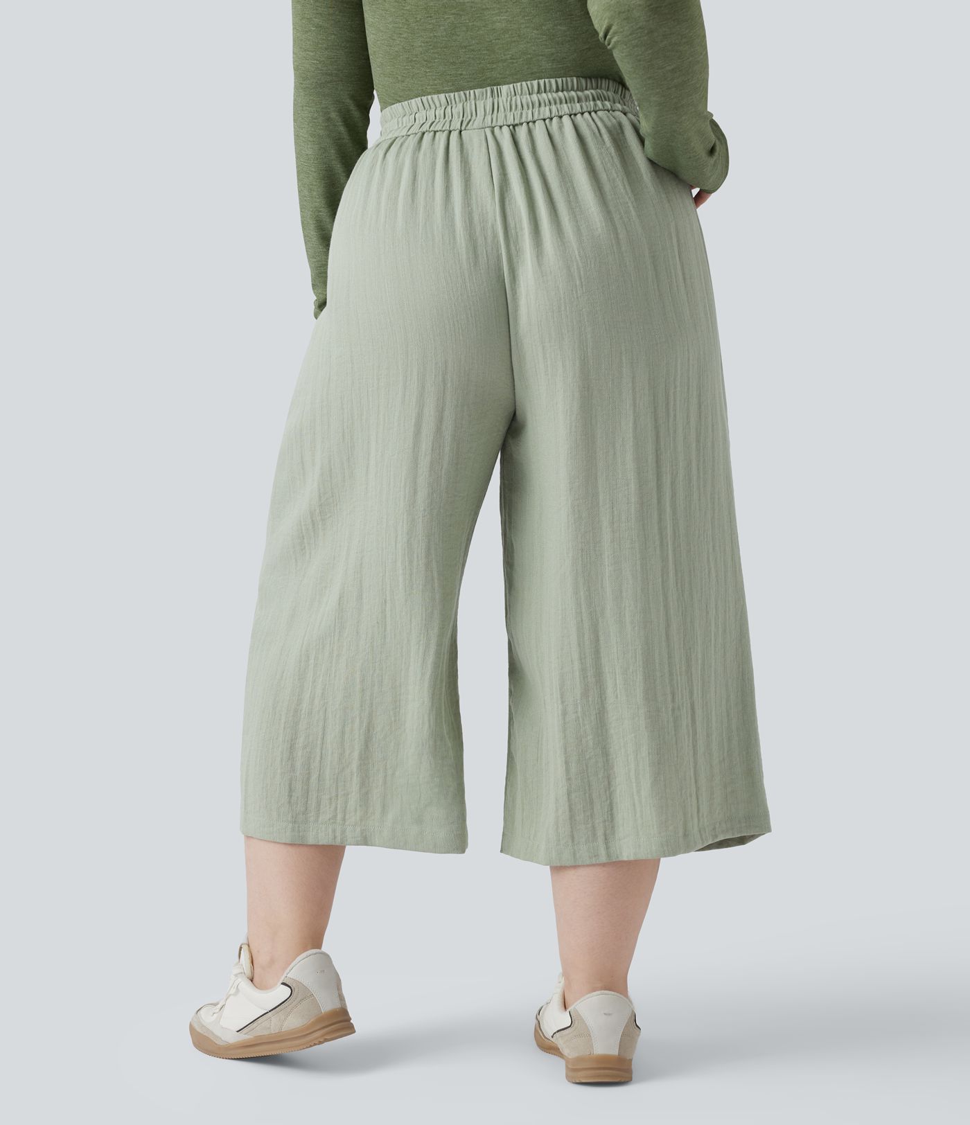 High Waisted Drawstring Wide Leg Cropped Casual Linen-Feel Plus Size Pants with Pockets