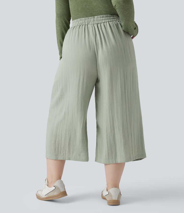 High Waisted Drawstring Wide Leg Cropped Casual Linen-Feel Plus Size Trousers with Pockets