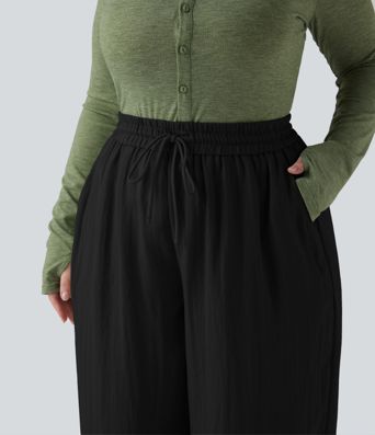 High Waisted Drawstring Wide Leg Cropped Casual Linen-Feel Plus Size Trousers with Pockets