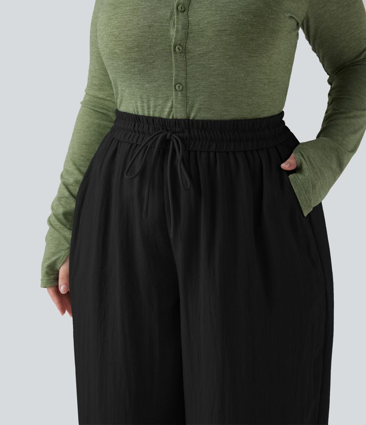 High Waisted Drawstring Wide Leg Cropped Casual Linen-Feel Plus Size Trousers with Pockets