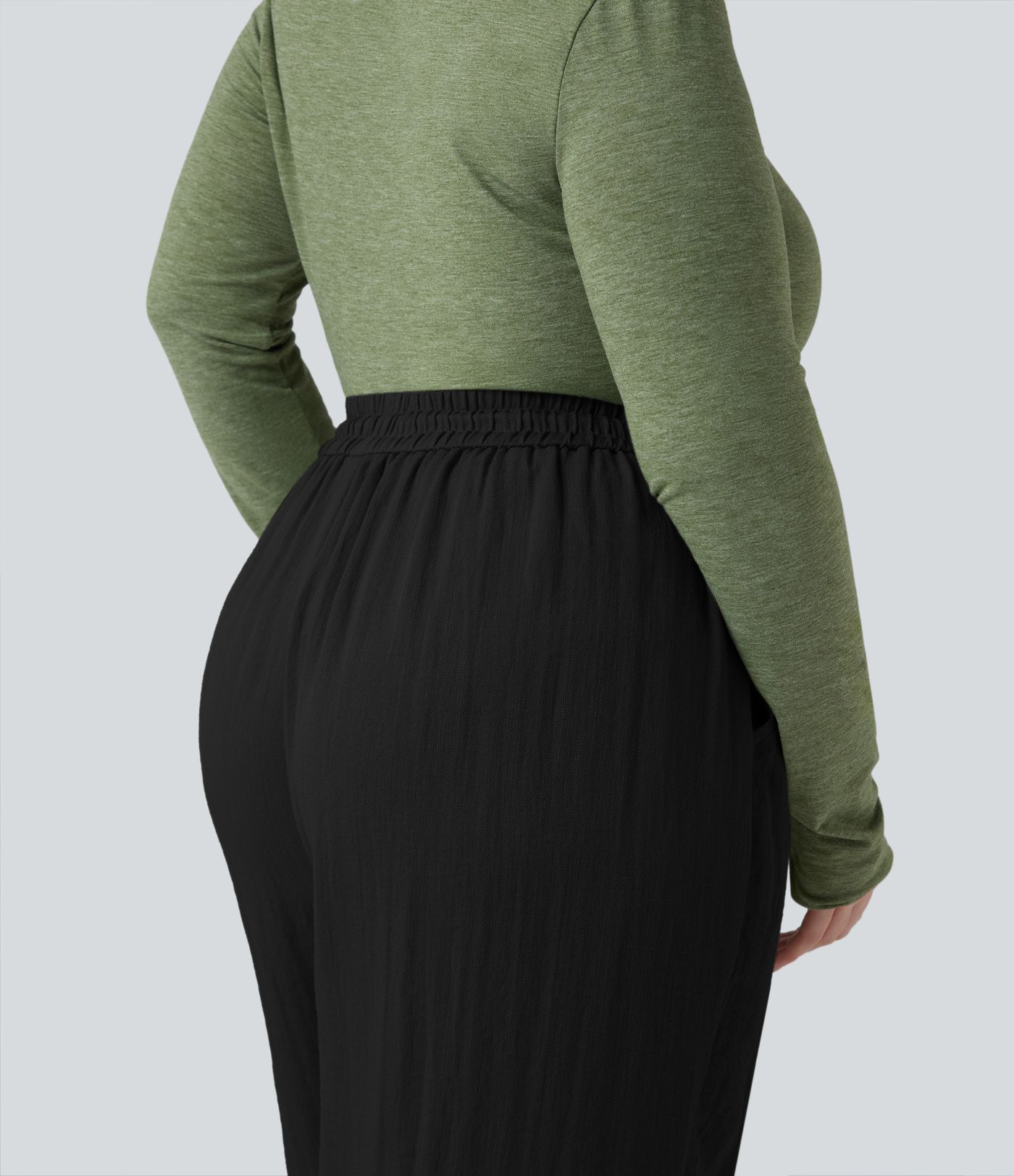 High Waisted Drawstring Wide Leg Cropped Casual Linen-Feel Plus Size Trousers with Pockets