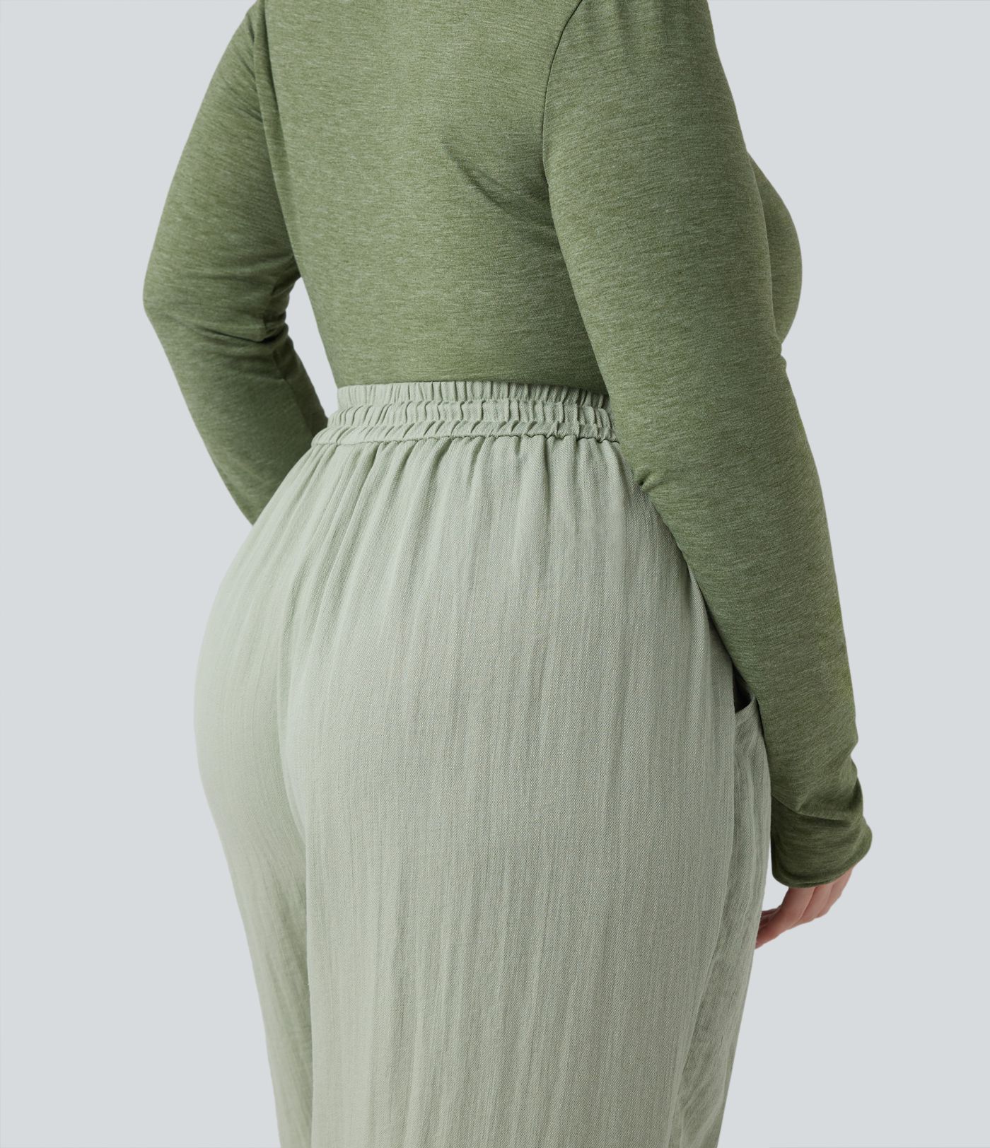 High Waisted Drawstring Wide Leg Cropped Casual Linen-Feel Plus Size Pants with Pockets