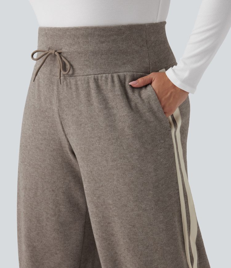 Ribbed High Waisted Tummy Control Drawstring Wide Leg Color Block Casual Plus Size Trousers with Pockets