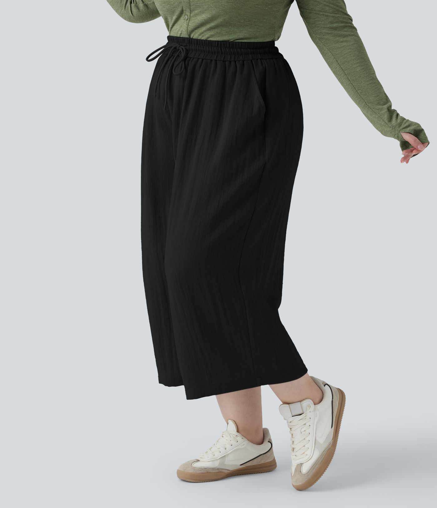 High Waisted Drawstring Wide Leg Cropped Casual Linen-Feel Plus Size Trousers with Pockets