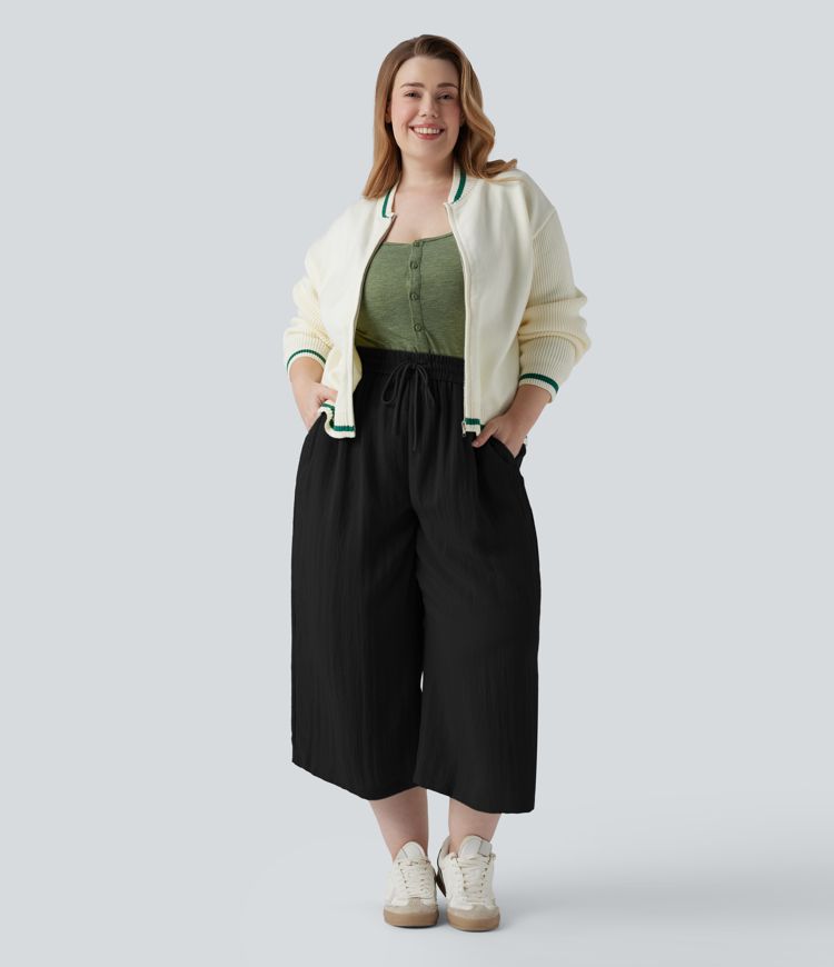 High Waisted Drawstring Wide Leg Cropped Casual Linen-Feel Plus Size Trousers with Pockets